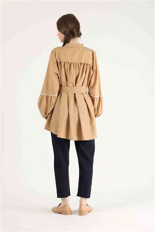 Piping Detail Belted Shirt Camel