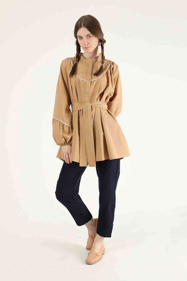 Zulays - Piping Detail Belted Shirt Camel