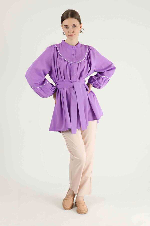 Zulays - Piping Detail Belted Shirt Lilac