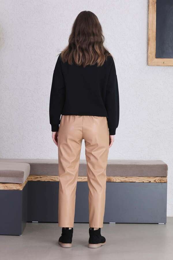 Straight Leg Leather Trousers Beige