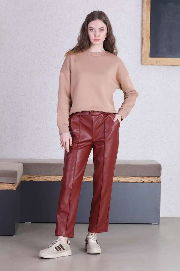 Zulays - Straight Leg Leather Trousers Burgundy