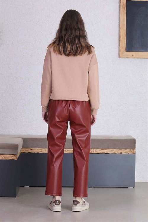 Straight Leg Leather Trousers Burgundy