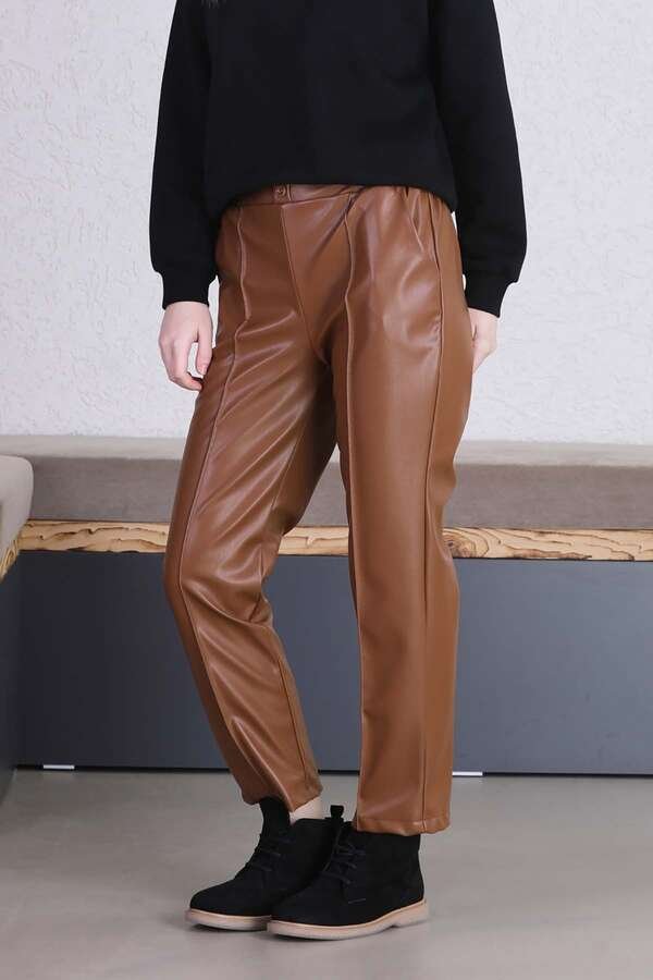 Straight Leg Leather Trousers Tan
