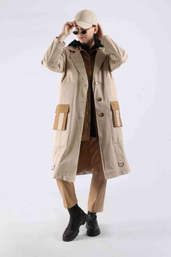 Zulays - Quilted Pocket Trench Coat Beige