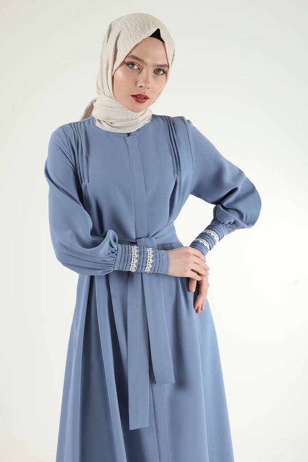 Rib Detailed Belted Abaya Baby Blue