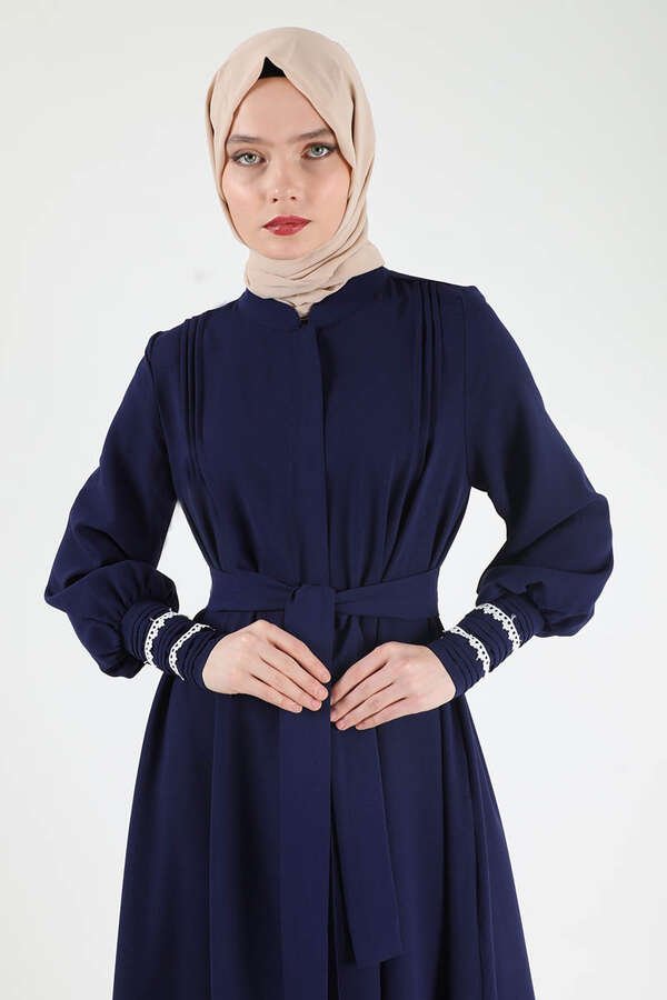 Rib Detailed Belted Abaya Navy Blue