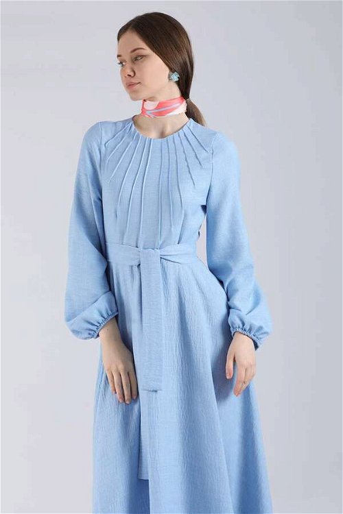 Ribbed Detailed Flared Dress Baby Blue