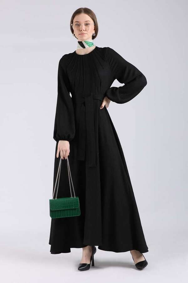Ribbed Detailed Flared Dress Black