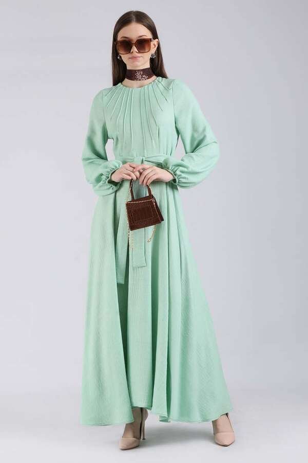 Ribbed Detailed Flared Dress Mint