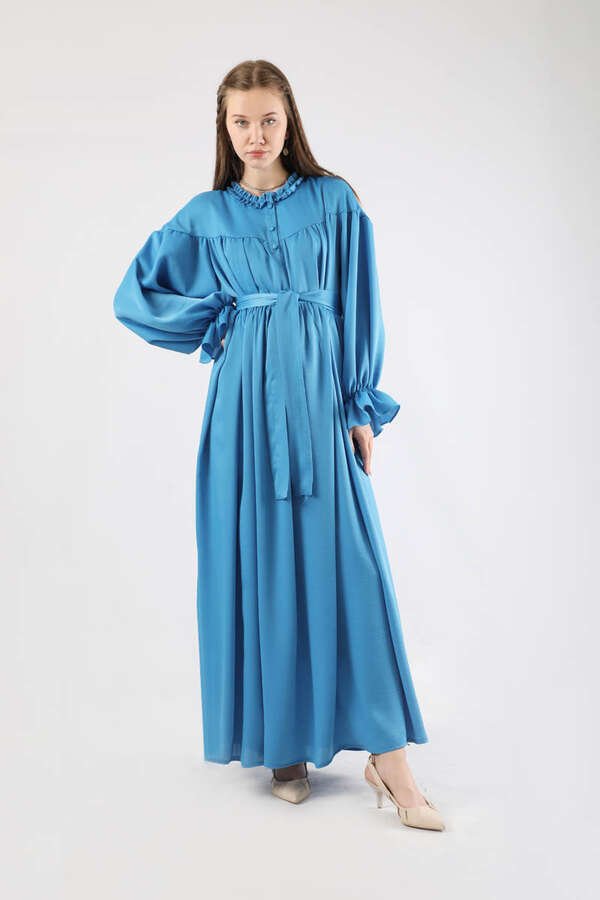 Zulays - Robalı Saten Elbise Mavi