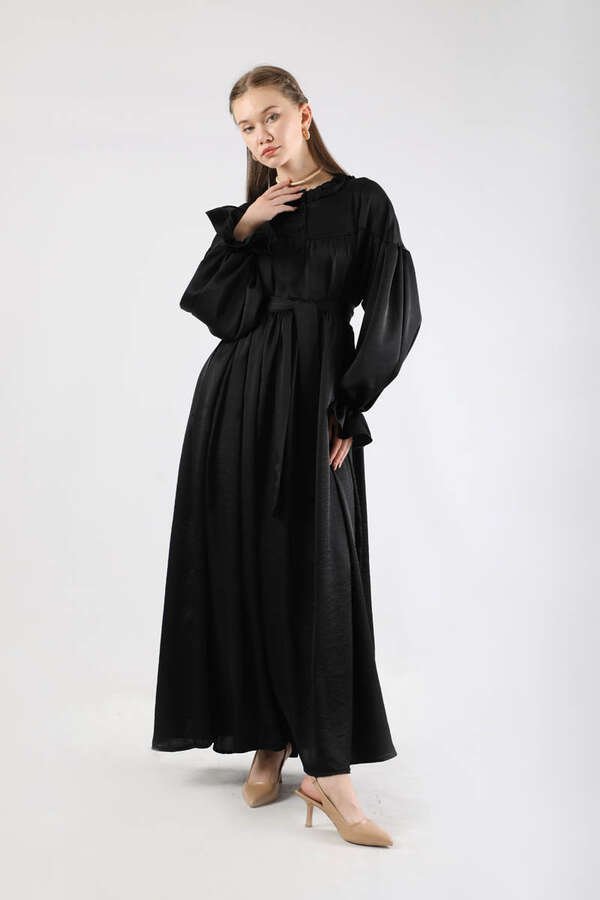 Zulays - Robalı Saten Elbise Siyah