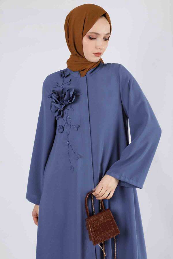 Rose Detailed Stone Abaya İndigo