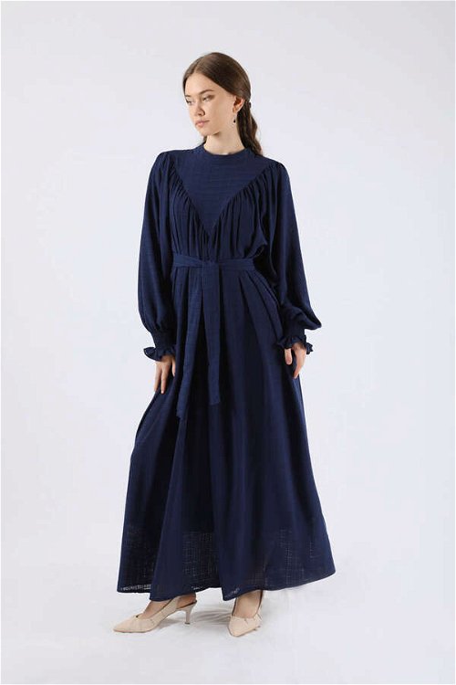 Ruffle Detailed Pleated Dress Navy Blue