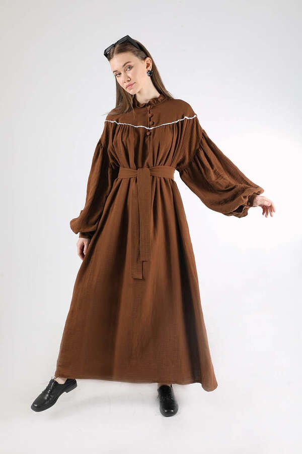 Ruffle Neck Belted Dress Brown
