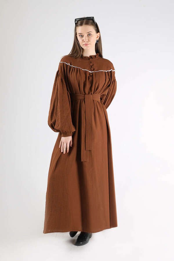 Ruffle Neck Belted Dress Brown