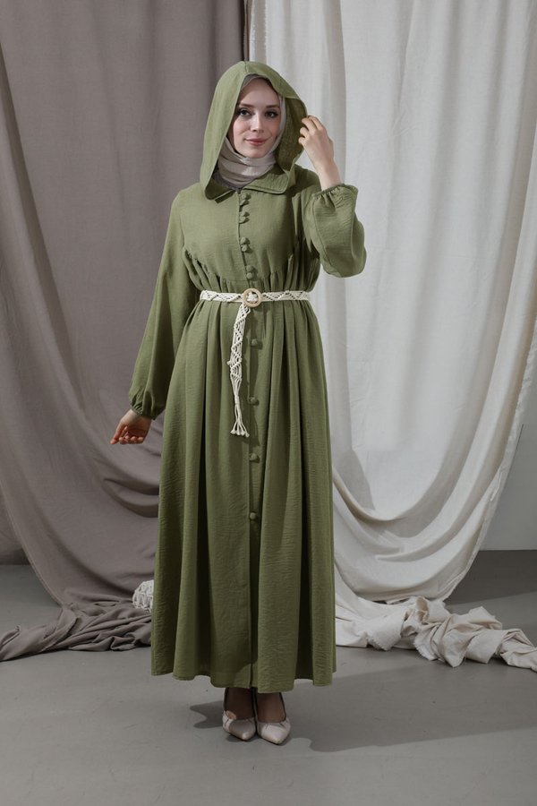 Zulays - Kapüşonlu Elbise Ferace Haki