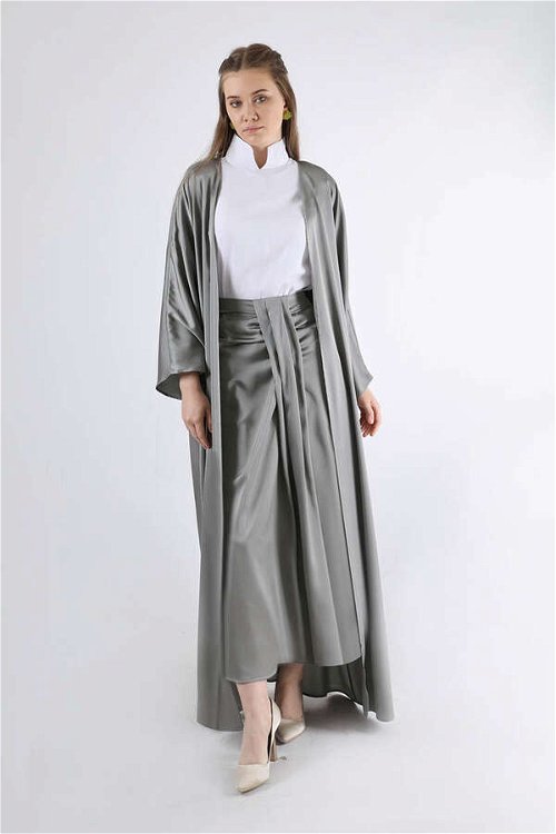 Satin Skirt Abaya Suit Grey