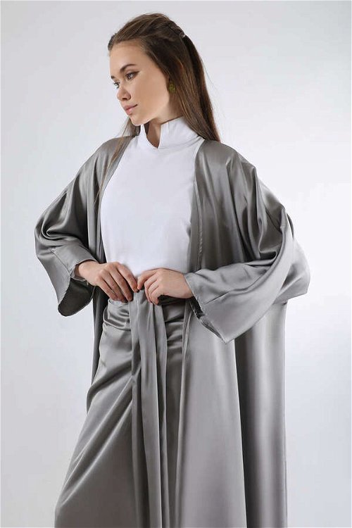Satin Skirt Abaya Suit Grey