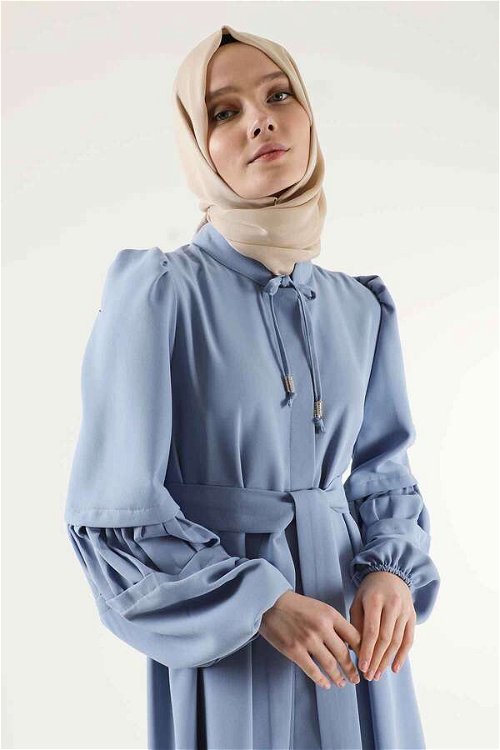 Shirred Detail Belted Abaya Baby Blue