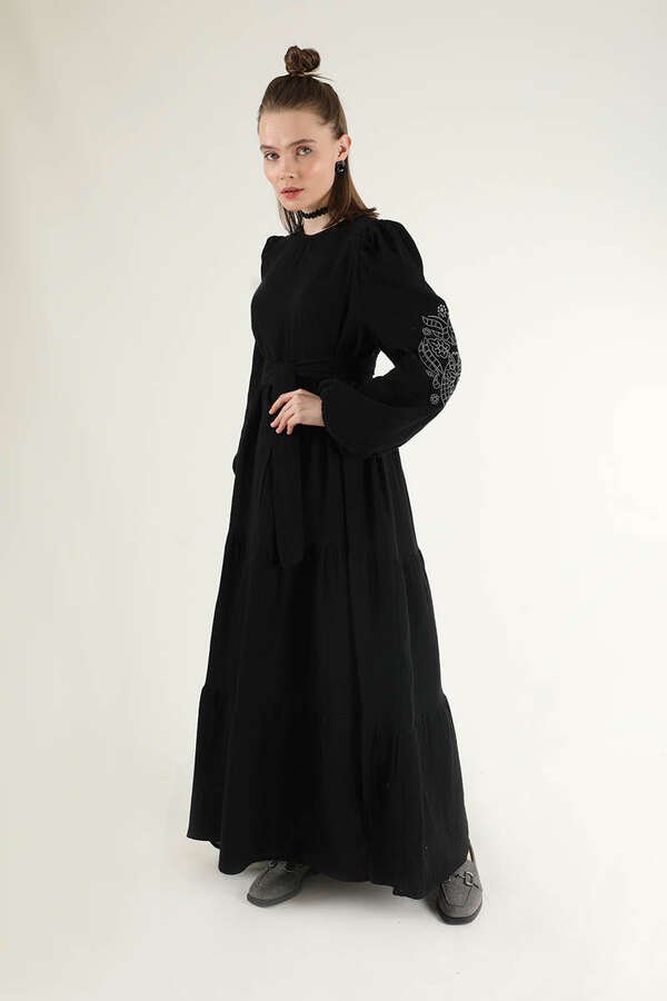 Shirred Detailed Belted Dress Black