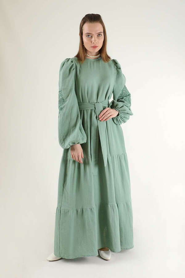 Zulays - Shirred Detailed Belted Dress Mint