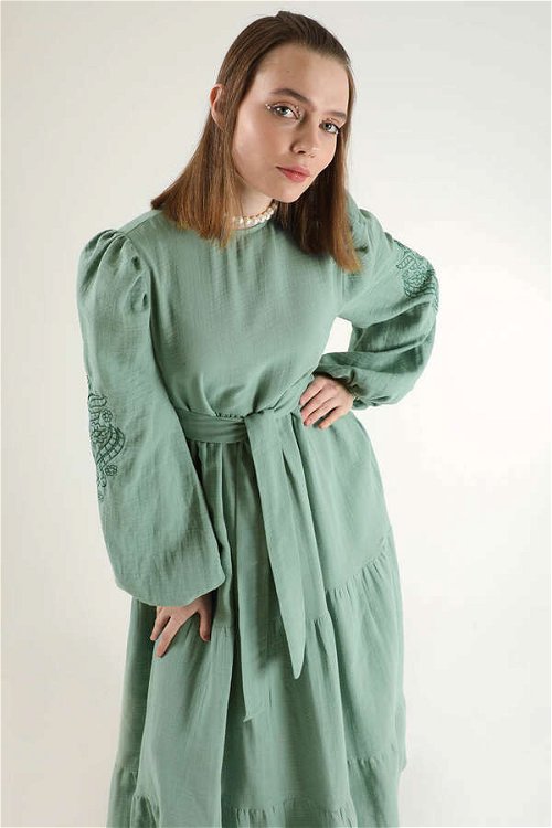 Shirred Detailed Belted Dress Mint