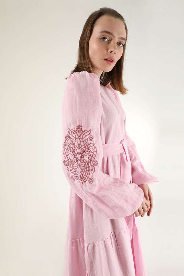 Shirred Detailed Belted Dress Pink