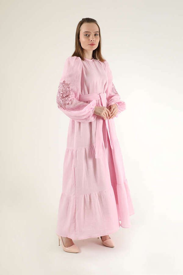 Shirred Detailed Belted Dress Pink
