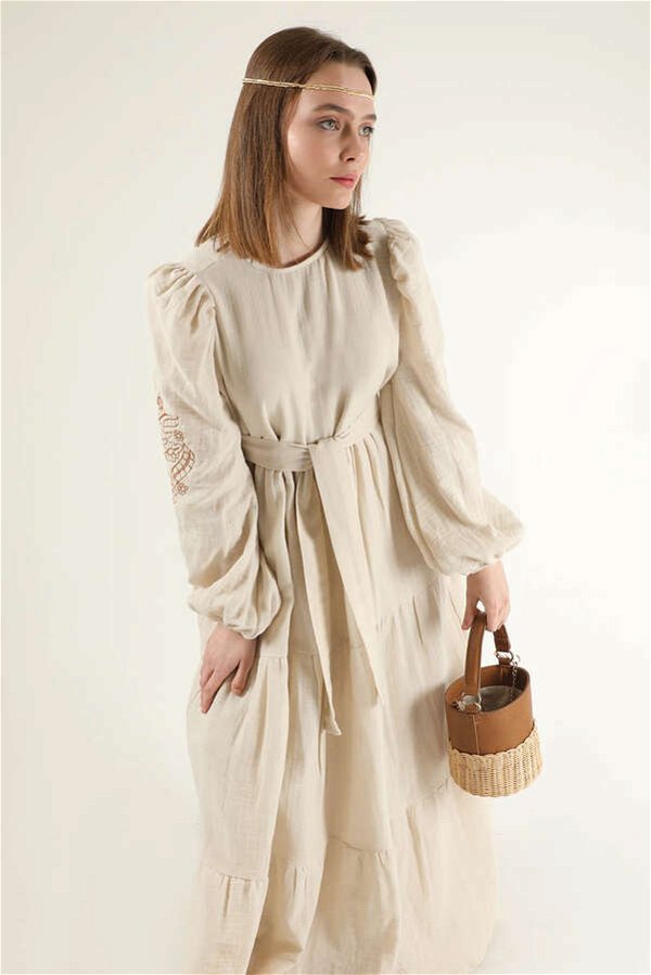 Shirred Detailed Belted Dress Stone