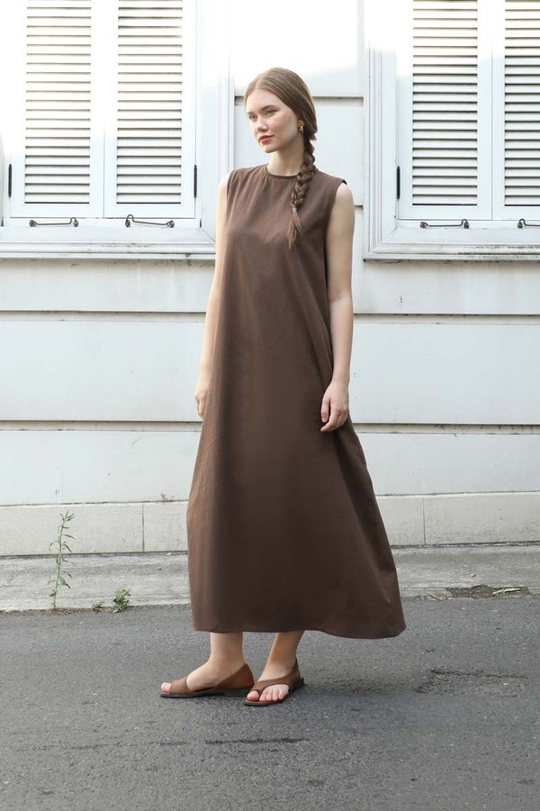 Zulays - Sıfılr Kol Keten Elbise Kahverengi