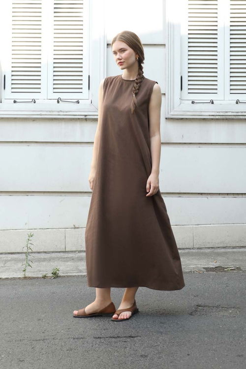Zulays - Sıfır Kol Keten Elbise Kahverengi