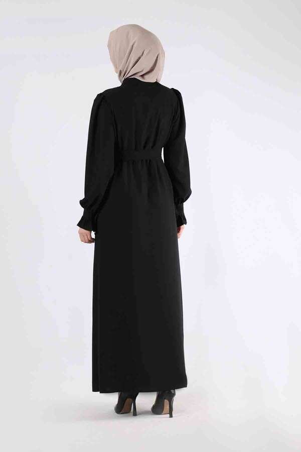 Sleeves Pleated Dress Abaya Black