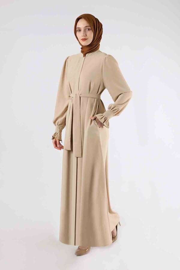 Zulays - Sleeves Pleated Dress Abaya Cream