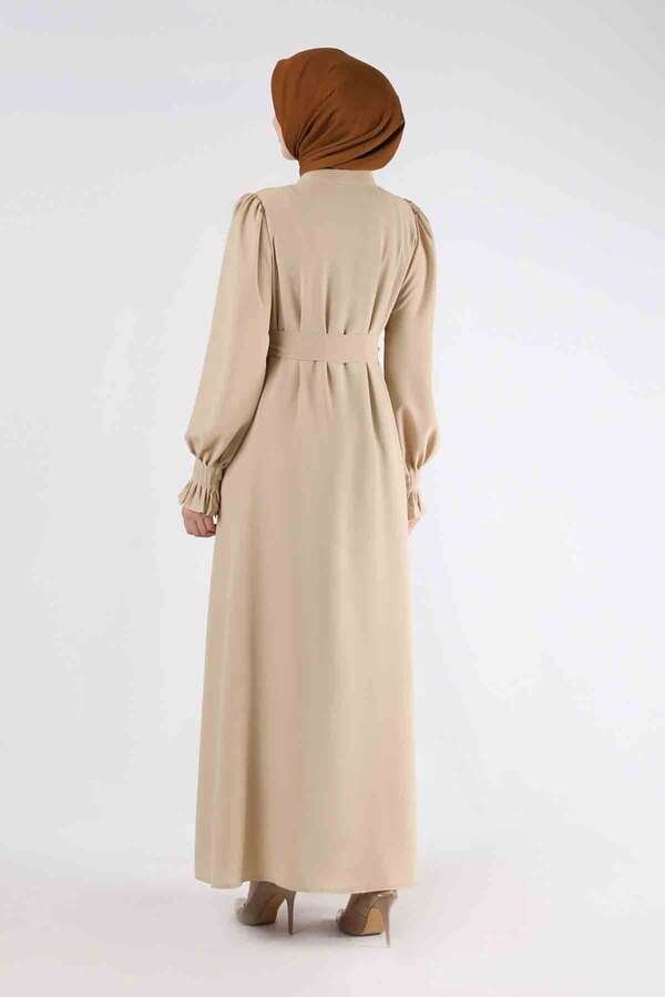 Sleeves Pleated Dress Abaya Cream