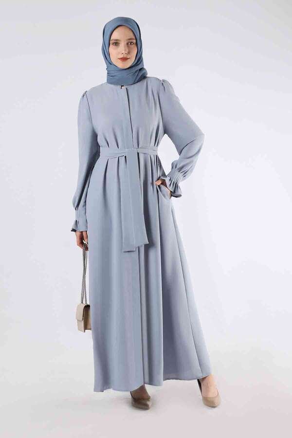 Sleeves Pleated Dress Abaya Gray