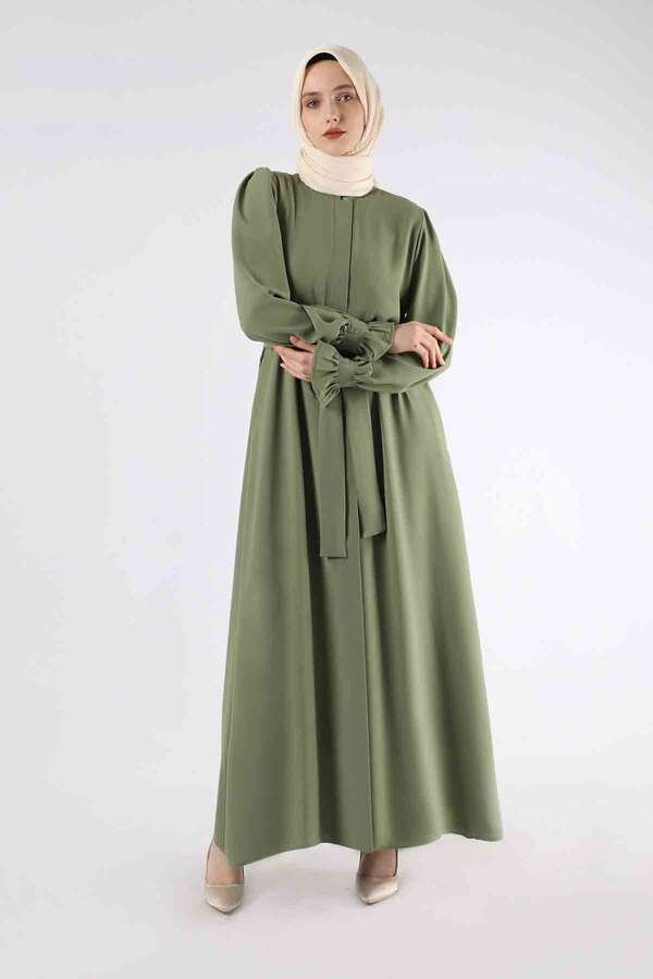 Sleeves Pleated Dress Abaya Khaki
