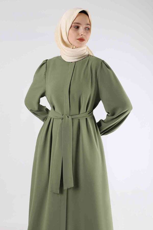 Sleeves Pleated Dress Abaya Khaki