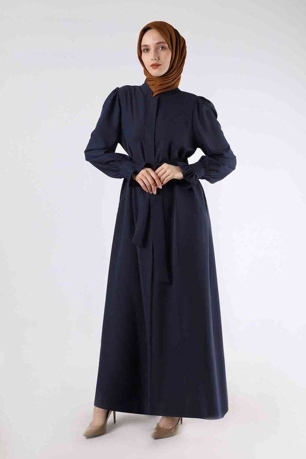 Zulays - Sleeves Pleated Dress Abaya Navy Blue