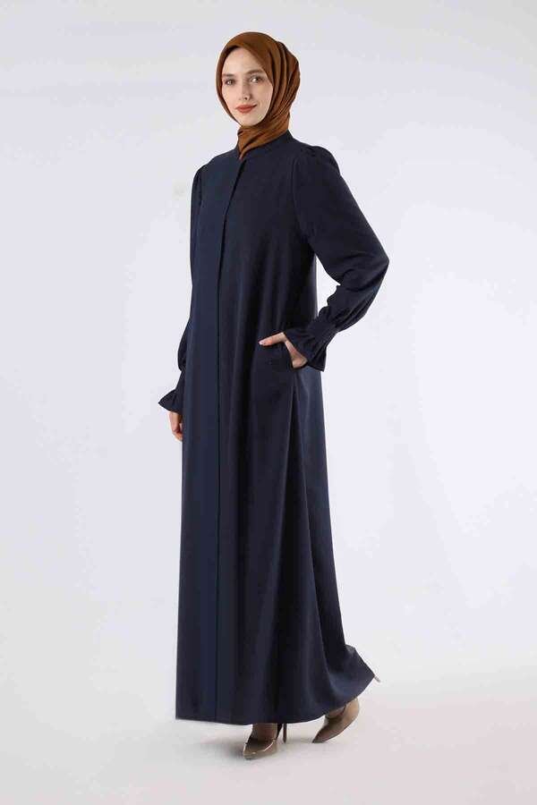 Sleeves Pleated Dress Abaya Navy Blue
