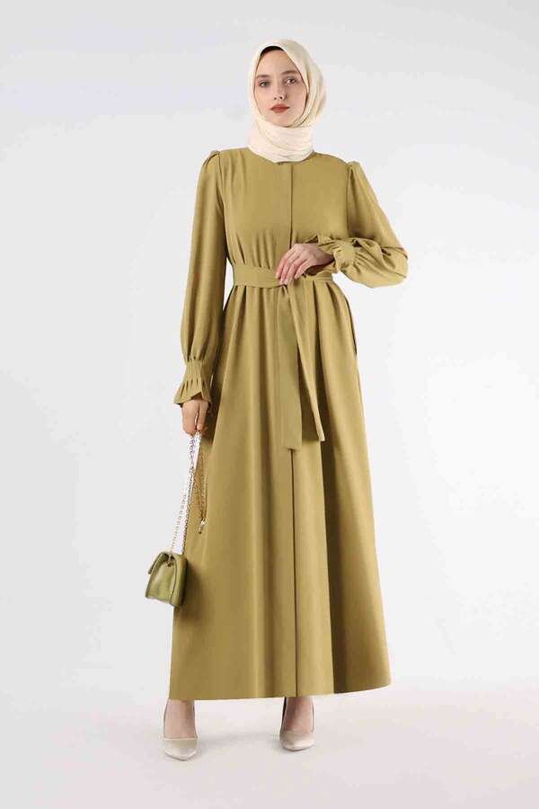Sleeves Pleated Dress Abaya Oil Green