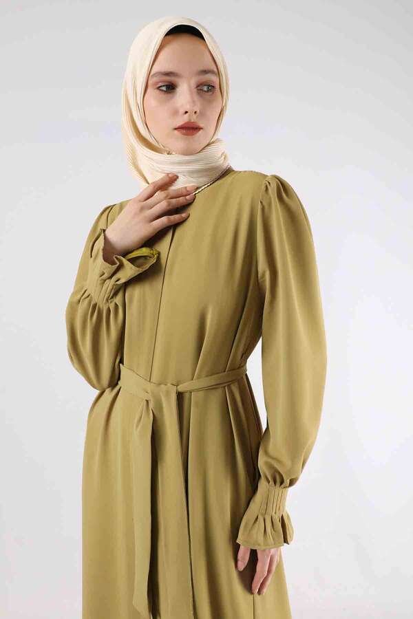 Sleeves Pleated Dress Abaya Oil Green