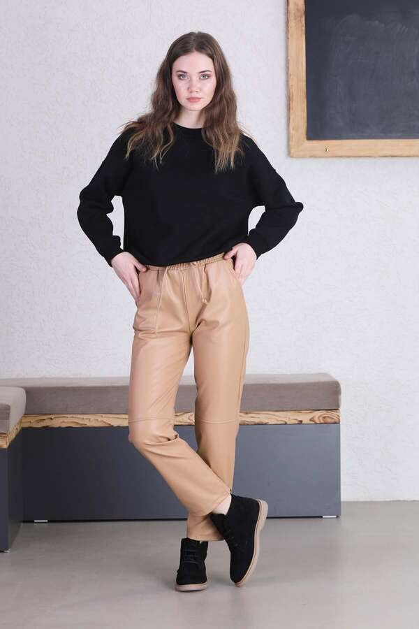 Zulays - Seam Marked Leather Trousers Beige