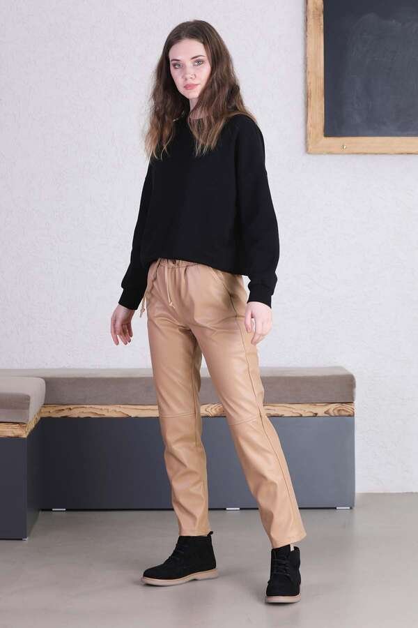 Seam Marked Leather Trousers Beige