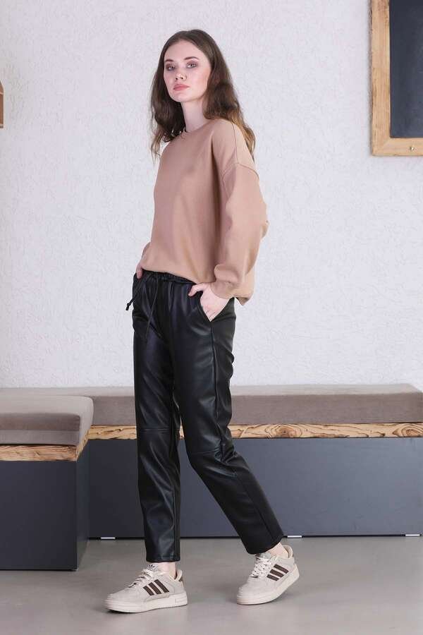 Seam Marked Leather Trousers Black