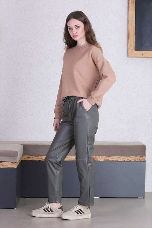 Seam Marked Leather Trousers Gray