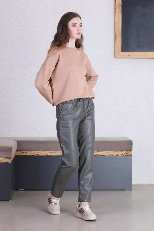 Seam Marked Leather Trousers Gray
