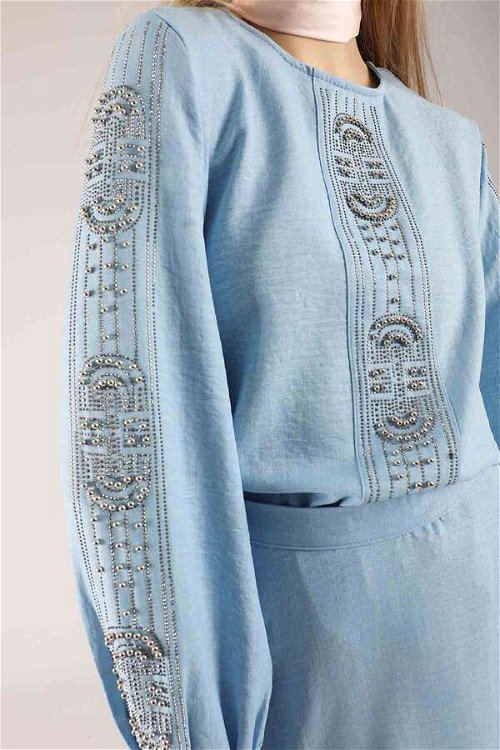 Stone Printed Skirt Suit Baby Blue