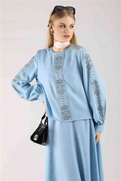 Stone Printed Skirt Suit Baby Blue