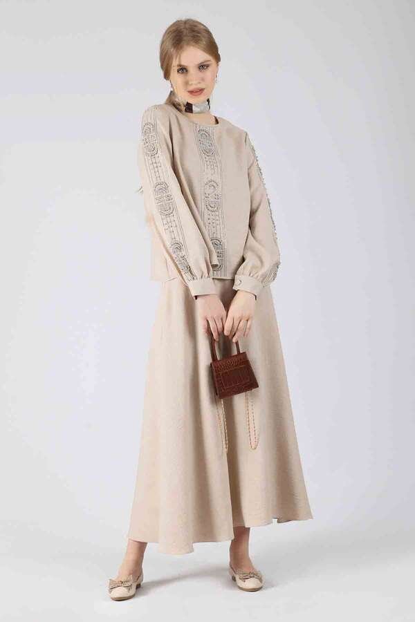 Stone Printed Skirt Suit Beige