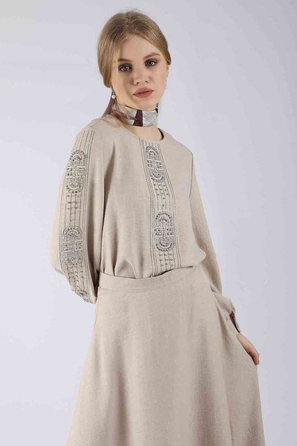 Stone Printed Skirt Suit Beige